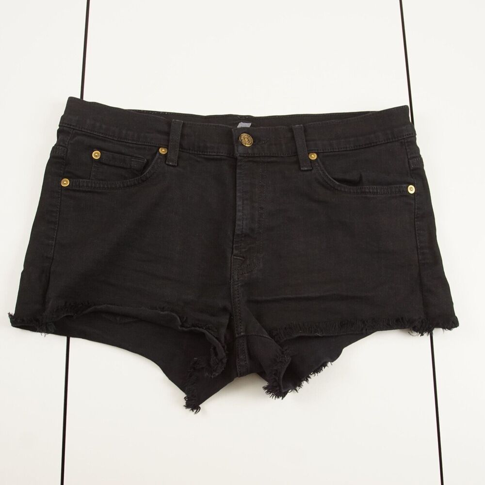 7 For All Mankind Black Cut Off Frayed Hem Mid Rise Black Denim Shorts Sz 28